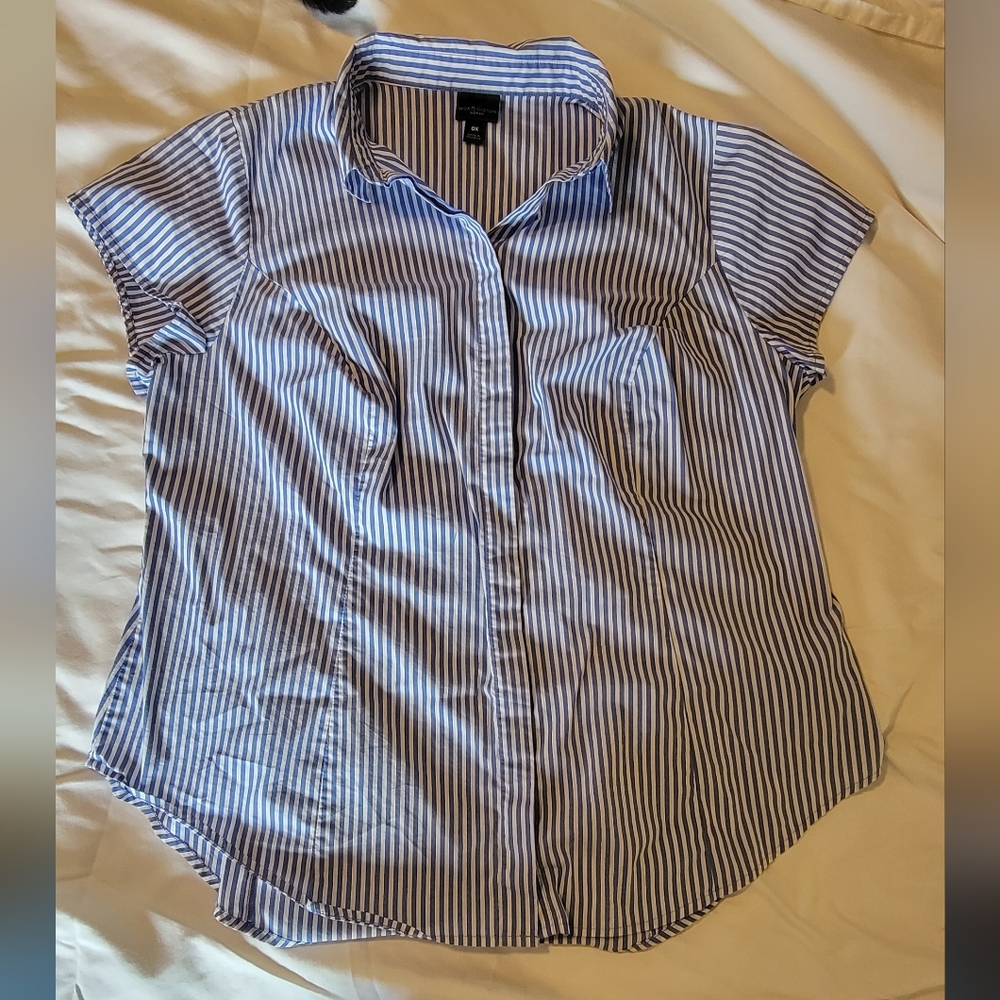 Women's striped button down shirt.